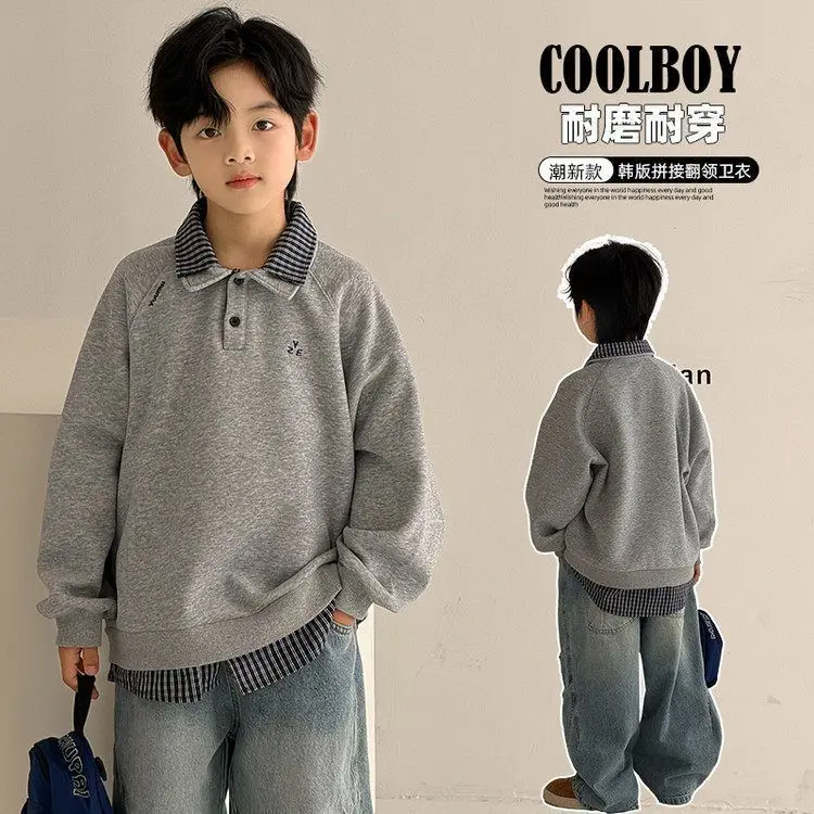 2-14Y Kid's Fake Two-piece Sweatshirts  Autumn Plaid Turn-down Collar Hoodies for Boys  Kid's Loose Casual Top Clothes H132-40