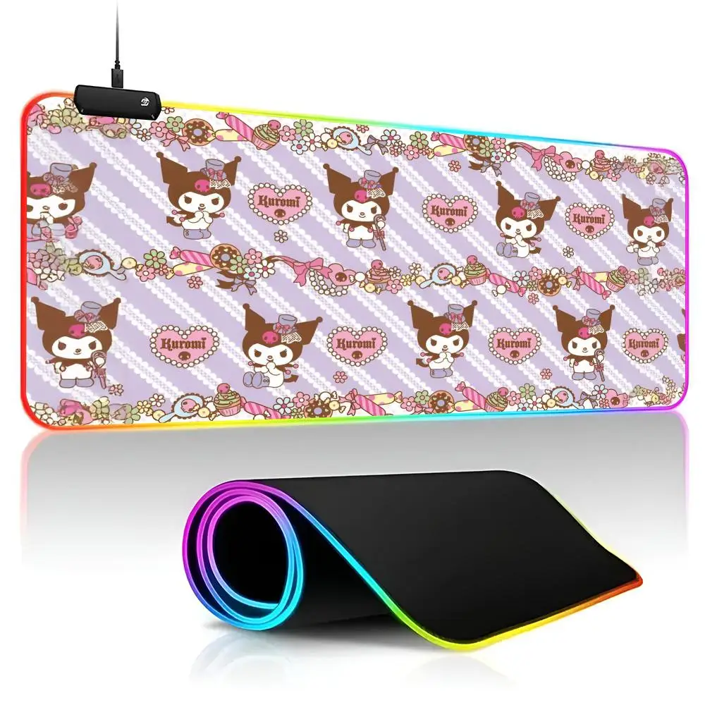 Kuromi Mouse Pad Gamer RGB Deskmat Keyboard Mat Gaming Laptops LED Mousepad Desk Protector Anime Mause Mats