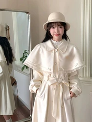 Sweet Bow Overcoats Dress Women Long Sleeve Japanese Kawaii Slim Cape Dress Coats Korean Fashion Elegant Vintage Cloak Winter