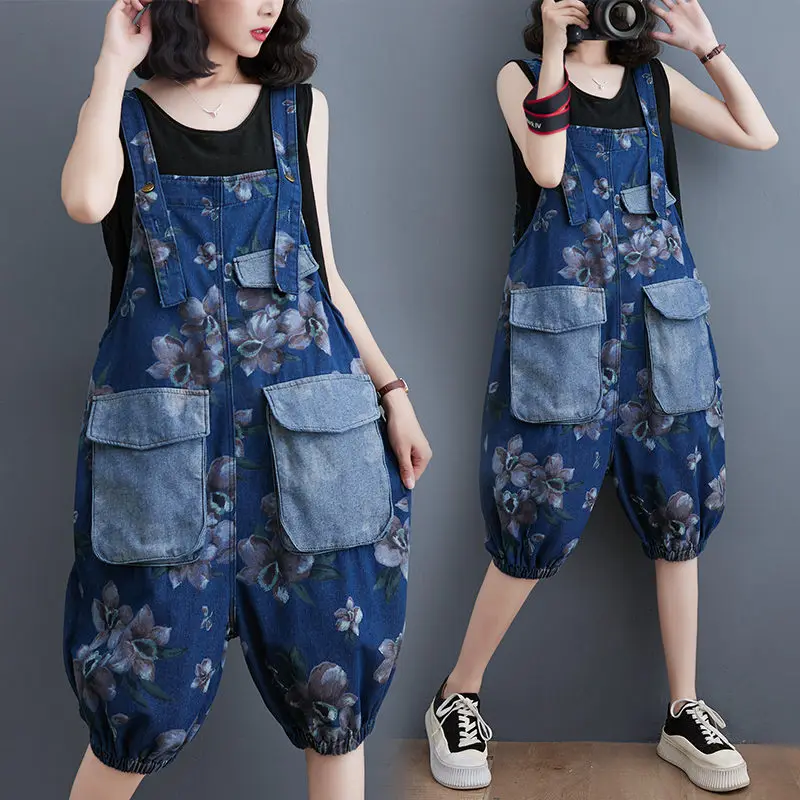 

2023 New Art Vintage Large Size Denim Strap Shorts Cargo Pants Jumpsuit Pattern Casual Thin Printed Jeans Playsuit z1282