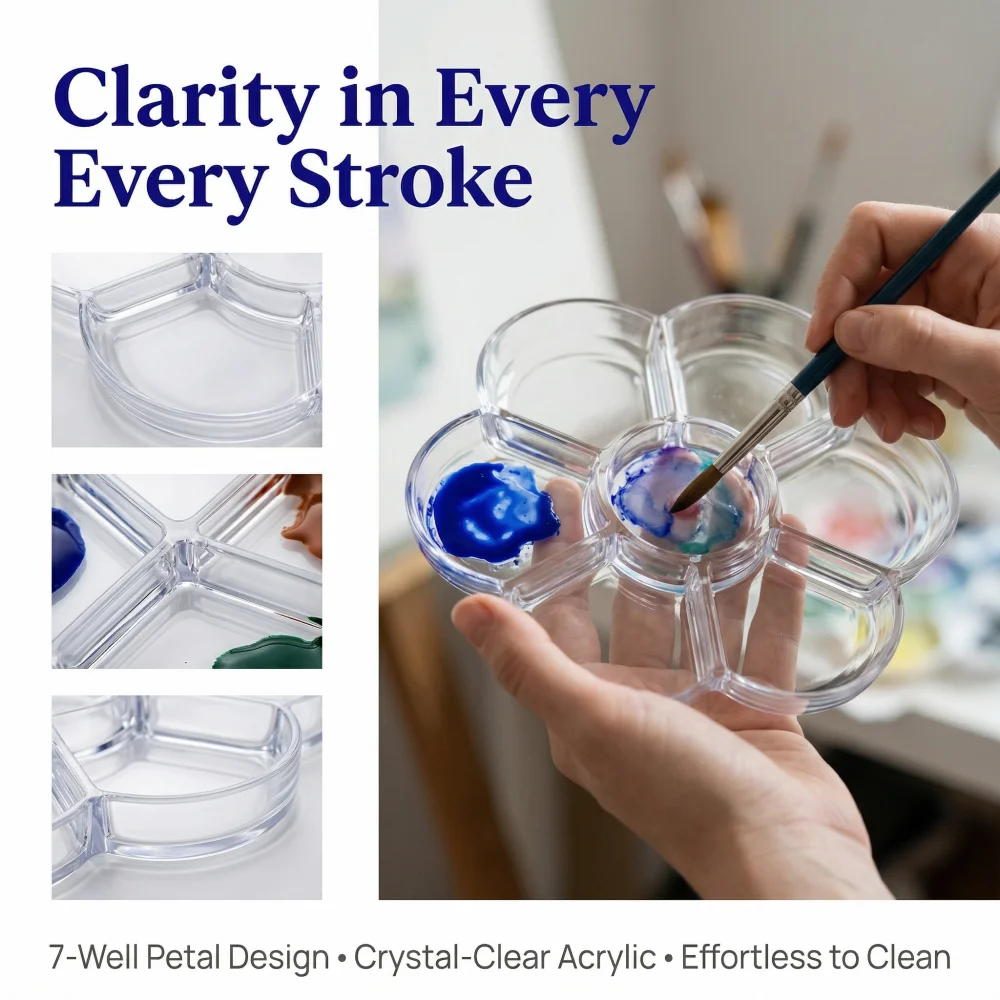 7-Well Clear Acrylic Flower Palette, Transparent Paint Mixing Tray for Watercolor Acrylic Oil & Nail Art, Artist Supplies