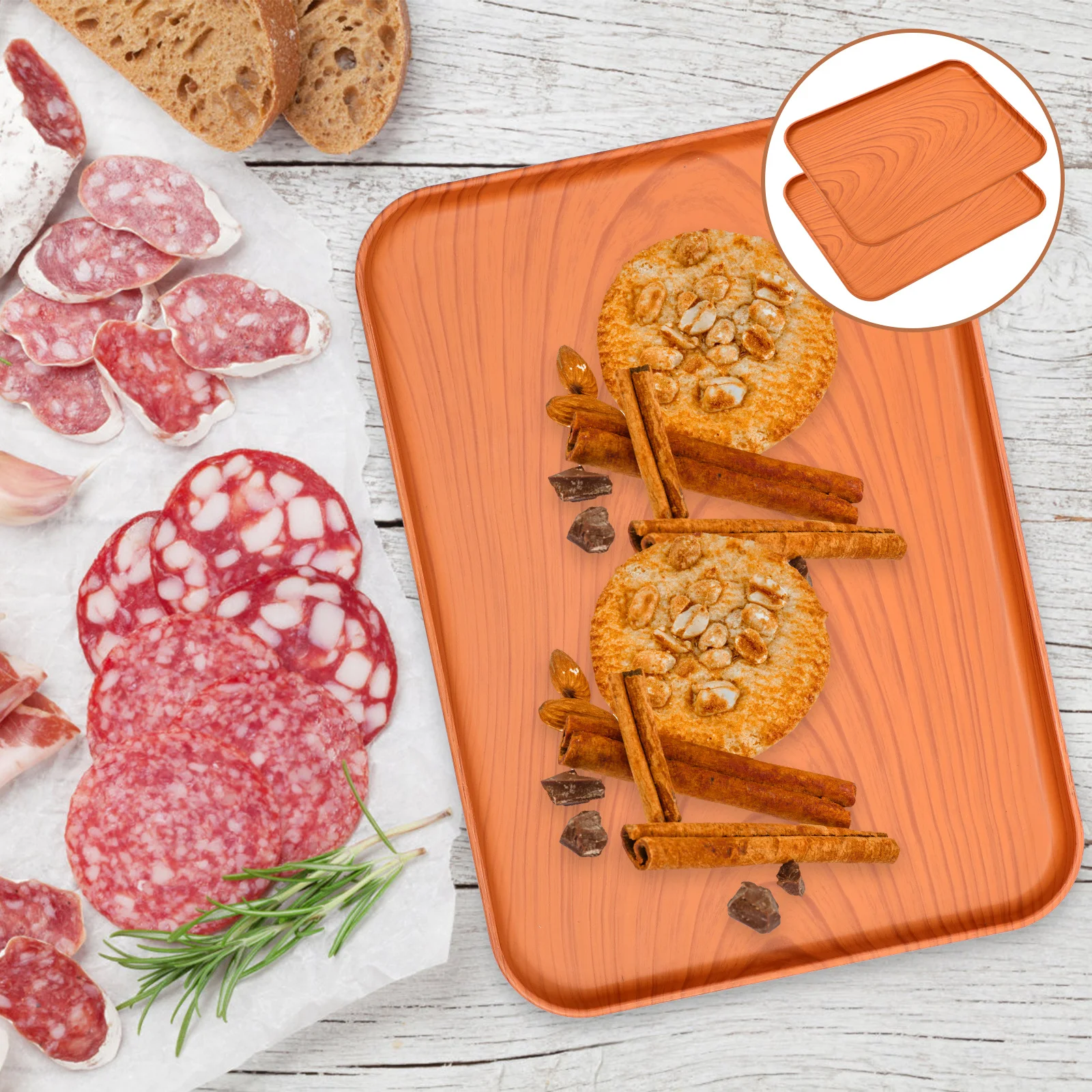 

2Pcs Imitation Wood Grain Multi-Function Fruit Plate Rectangular Tray for Entertaining Reusable Convenient Coffee Tray