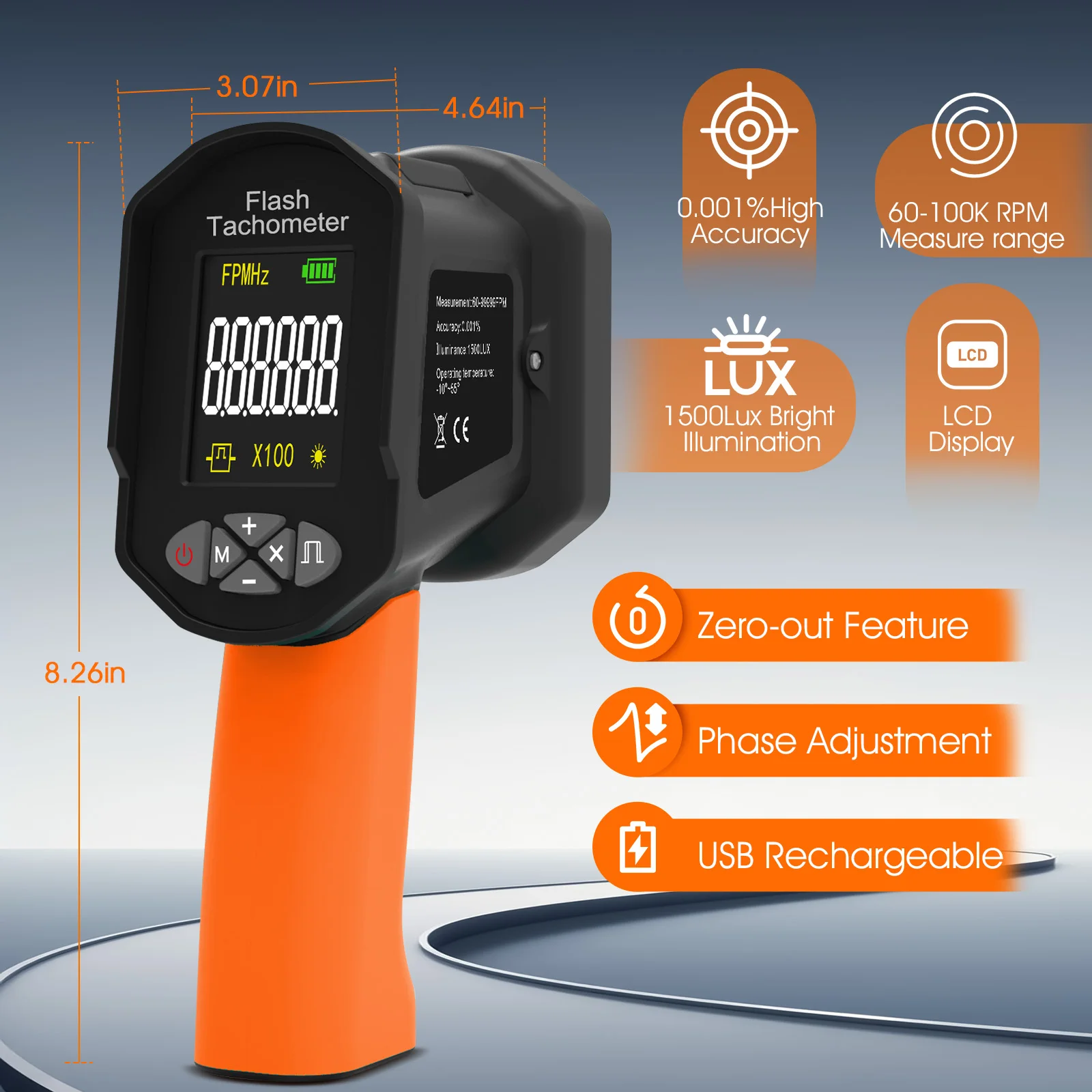 8000B LED Stroboscope Tachometer 60-100000 RPM Non-Contact Flash Tach with 0.001% Accuracy 1500LUX