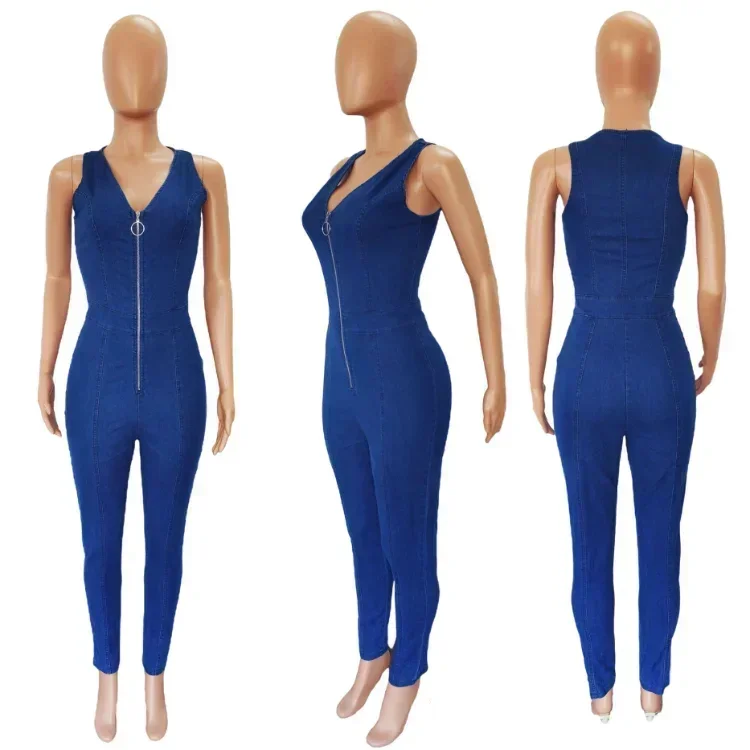 GUWU 섹시한 프론트 지퍼 v 넥 데님 점프 슈트 여성용 파티 나이트 민소매 Bodycon Romper Elastic Jeans 오버올 Clubwear