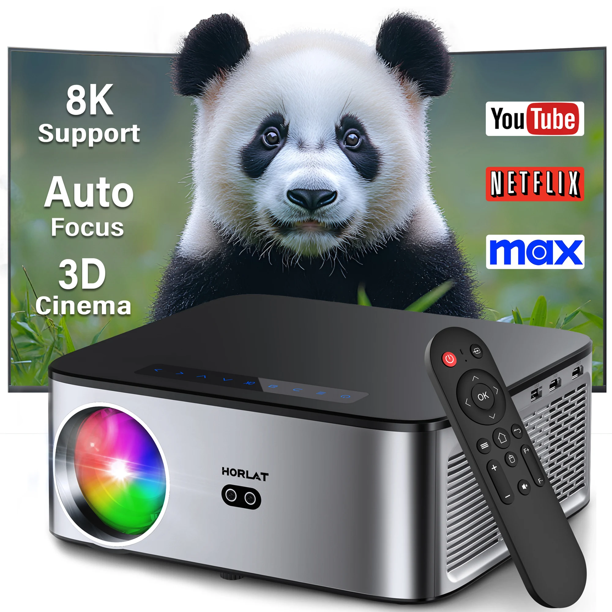 Projektor LCD HORLAT 35000 Lumenów Android Beamer Obsługa 8K Natywna obsługa 1080P Dual Band Wifi 6 Auto Focus Korekcja Keystone Biuro Domowe Kino