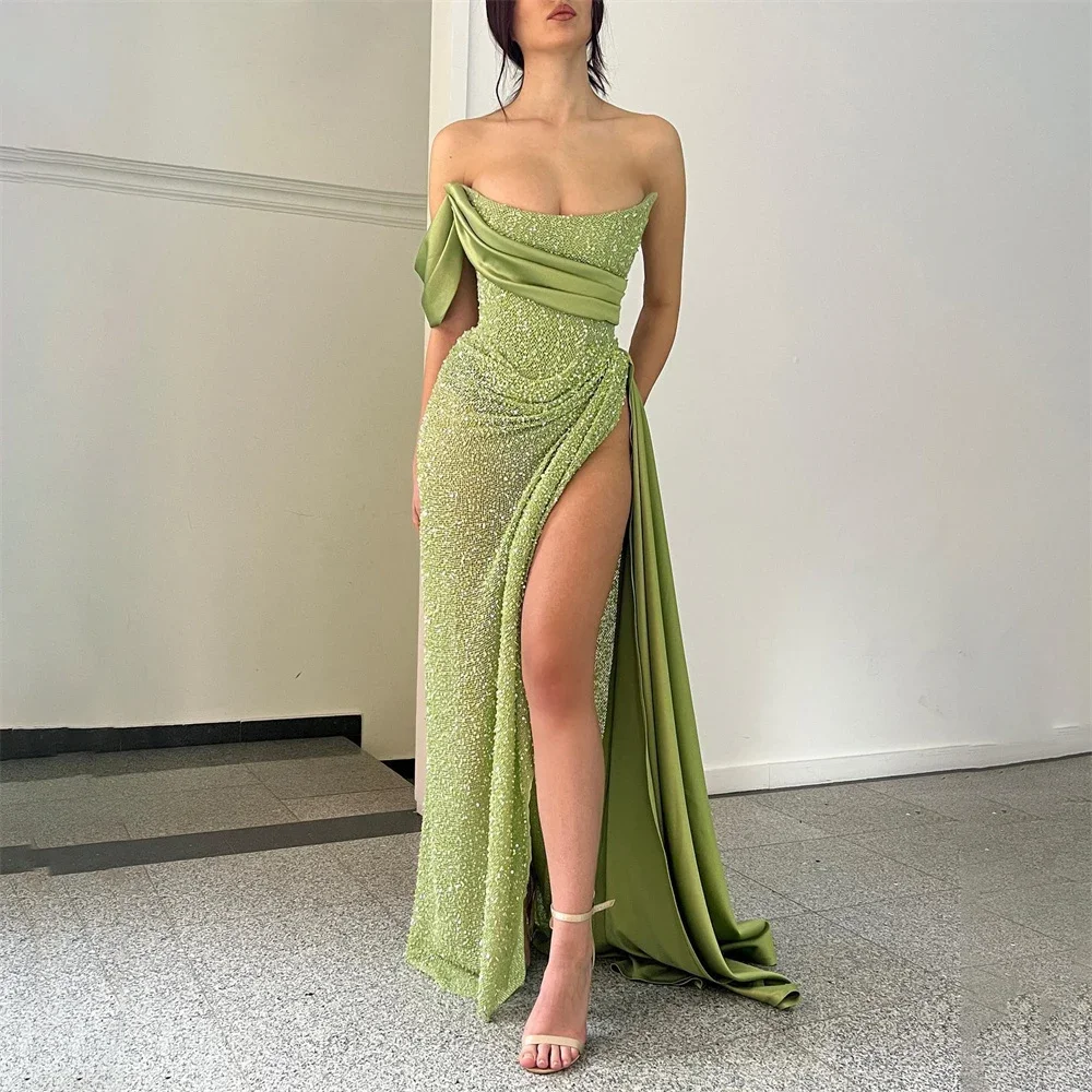 

Mint Green Chic Woman Evening Dress Sequin Gown Ball Gown One Shoulder Night Dresses Gown High Split robes de soirée Customized