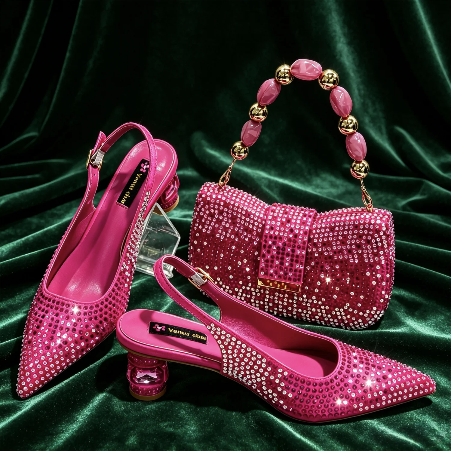 New Itlian Deisng Fuchs Color Rhinestone high heel shoe And Bag Fashion Style Pointed-Toe Shoes For COMFORT INCLUDED Women Shoes