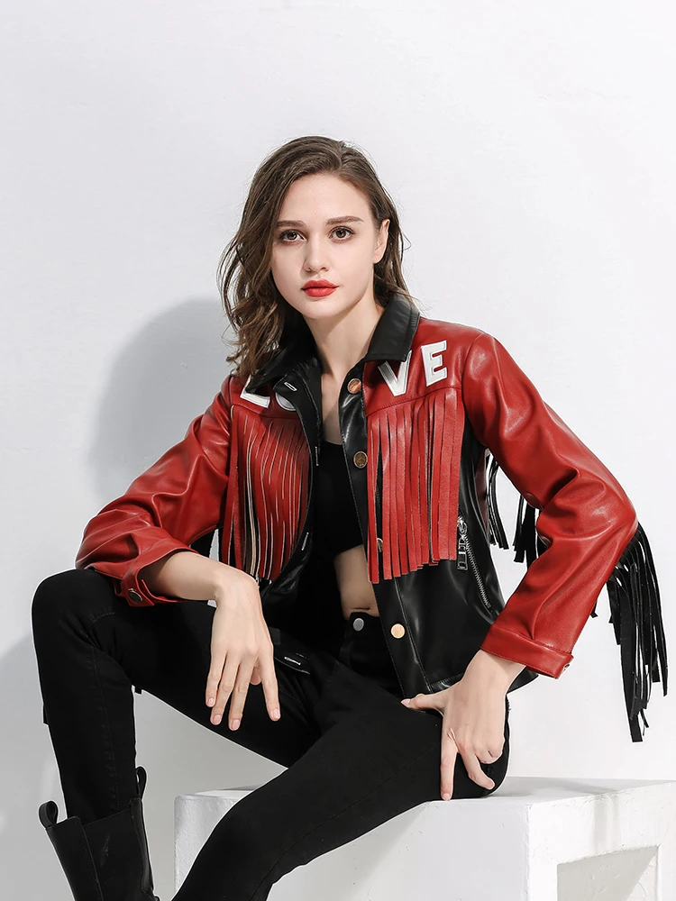 2023 Autumn Winter New pu leather jackets for women patchwork tassels moto biker leather jacket female slim short coats Y4673