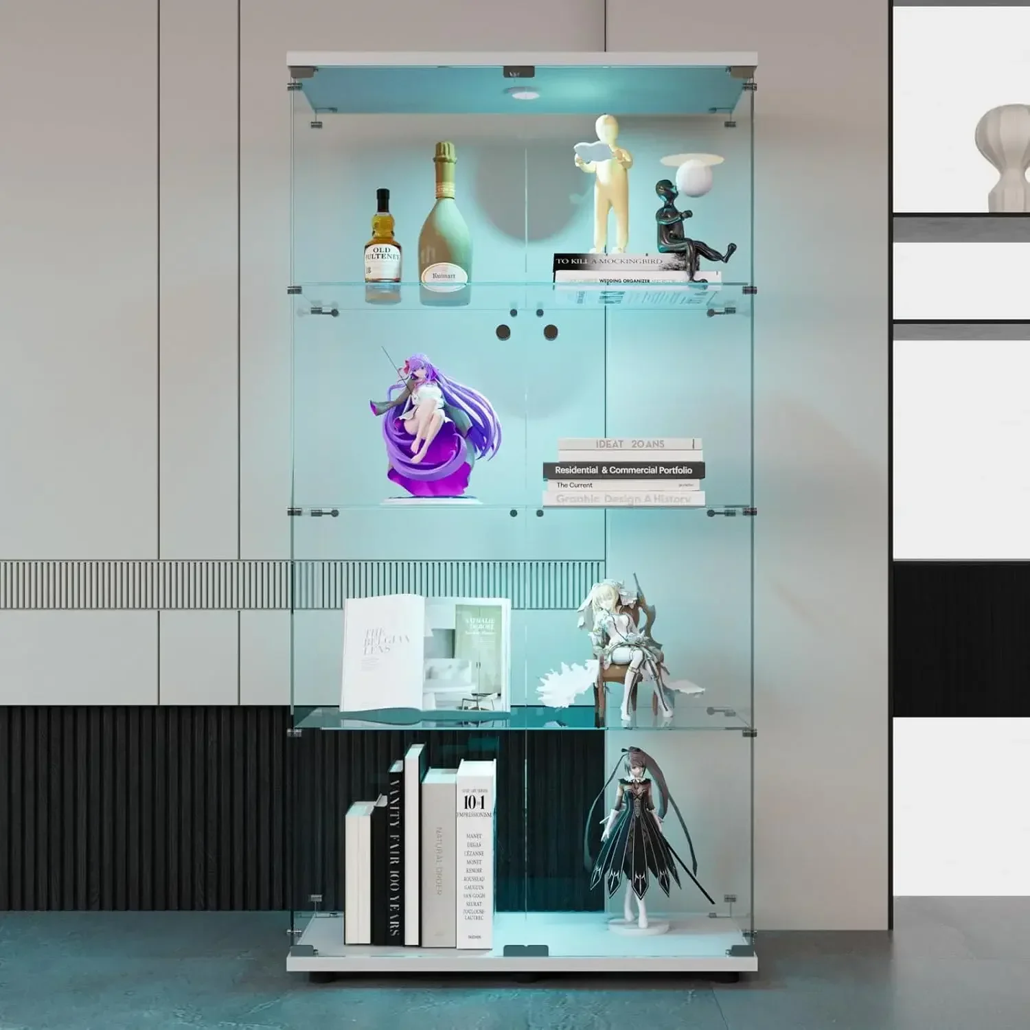 Vetrina per oggetti da collezione con ante in vetro temperato, chiusura a chiave, ripiani in vetro rimovibili, antipolvere, utilizzabile in diversi contesti, facile da montare, ideale per l’ufficio o
