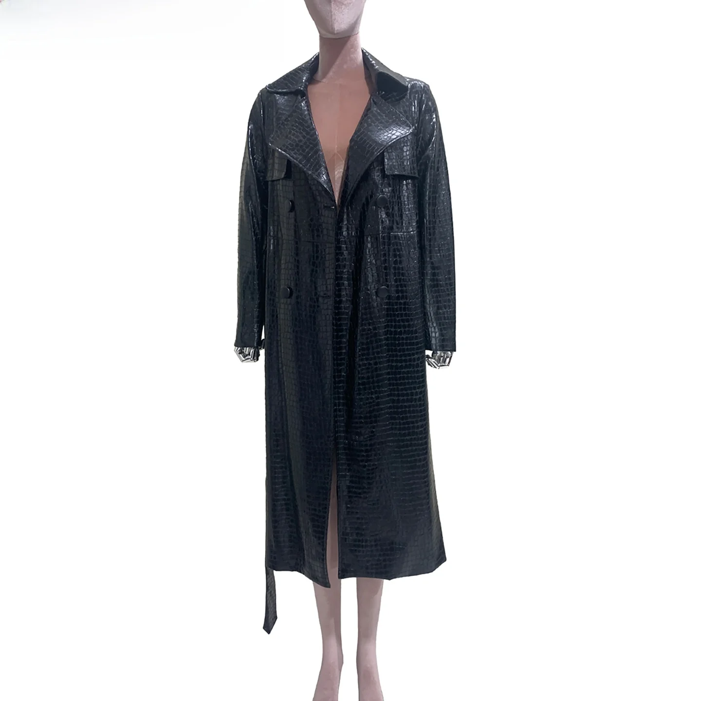 เสื้อแจ็คเก็ตหนังผู้หญิงลายจระเข้ Nerazzurri Ele Long Bla iny  วัสดุ PU คุณภาพพรีเมียม ทรงพอดีตัว