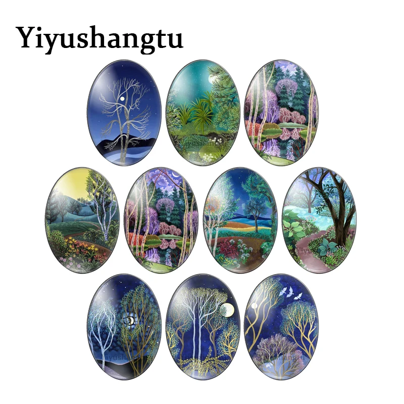 Green trees forest landscape painting 13x18mm/18x25mm/30x40mm Oval photo glass cabochon demo flat back Making findings