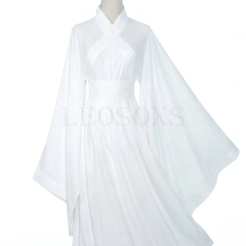 Traditional White Ancient Costume Cross Collar Hanfu Dress Women Loose Fairy Style Maxi Robe Stage Performance Dancewear Uniform