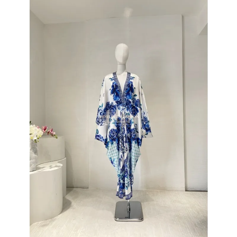 Sukienka midi z długim rękawem w kwiatowy wzór, luźny krój, wysoka jakość, jedwab, niebieska róża, styl 2025