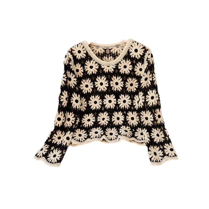Boring Honey Autumn New Colorful Collided Hollow Out Top Women Hooked Bohemian Ethnic Style Knitted Sweater Long Sleeve T-shirt