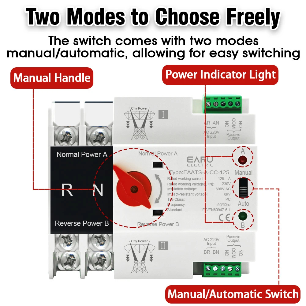 EARU ATS 2P 4P 125A AC 110V 230V Solar PV Dual Power Automatic Transfer Switch Electrical Selector Switch Uninterrupted Power