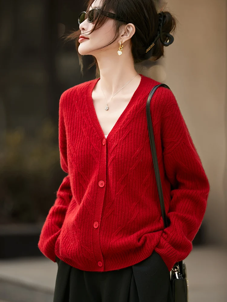 

New Fashion 100% Merino Wool Women's Sweater Casual Autumn Winter Female Knitted Cardigan Lady Cashmere Long Sleeve Clothes Tops