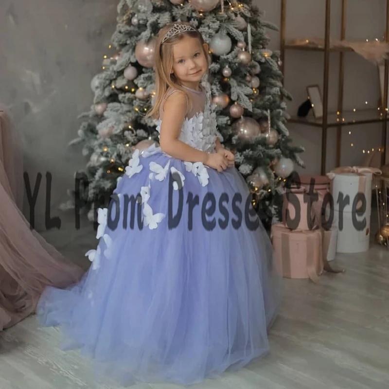 YL 2022 New 3D Butterflies Appliques Flower Girl Dresses Illusion Scoop Neck A-Line Pageant Gown Sweep Train Childen Party Gown