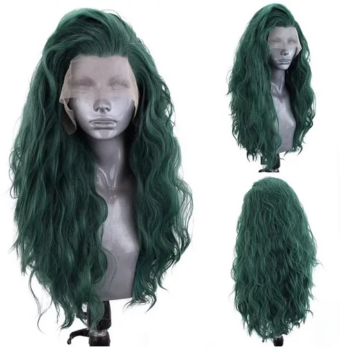 

Natural Wave Synthetic Lace Wigs Dark Green Long Wavy Wigs for Women Heat Resistant Fiber Natural Hairline Cosplay Wig