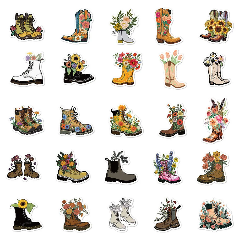 50 Pcs Flower-Adorned Boot Stickers - Waterproof DIY Decals for Decorating Notebooks, Laptops, Journals & Phone Cases