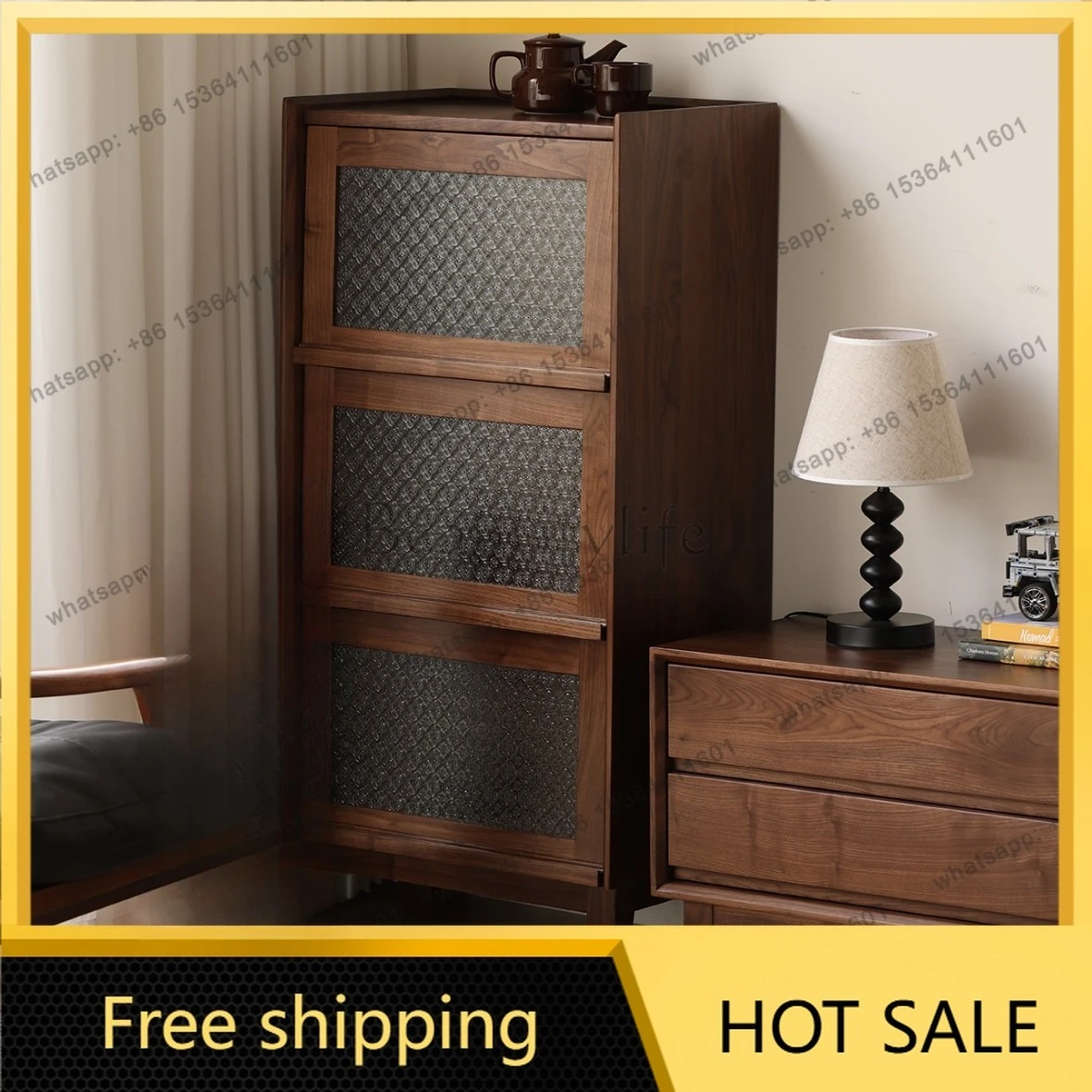 Factory Direct Sales North American Black Walnut Standing Cabinet Solid Wood Retro Begonia Glass Bookcase