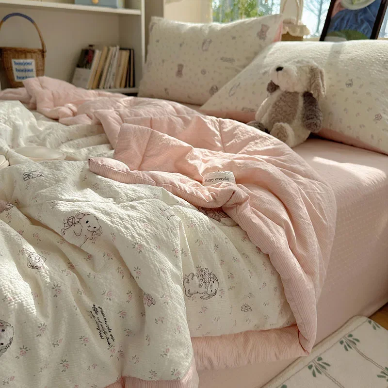 Summer Pure Cotton Cold Quilt for Naked Sleep Cartoon Dorm Nap Air Conditioning Quilts Two-Color Comfort Quilting Comforters