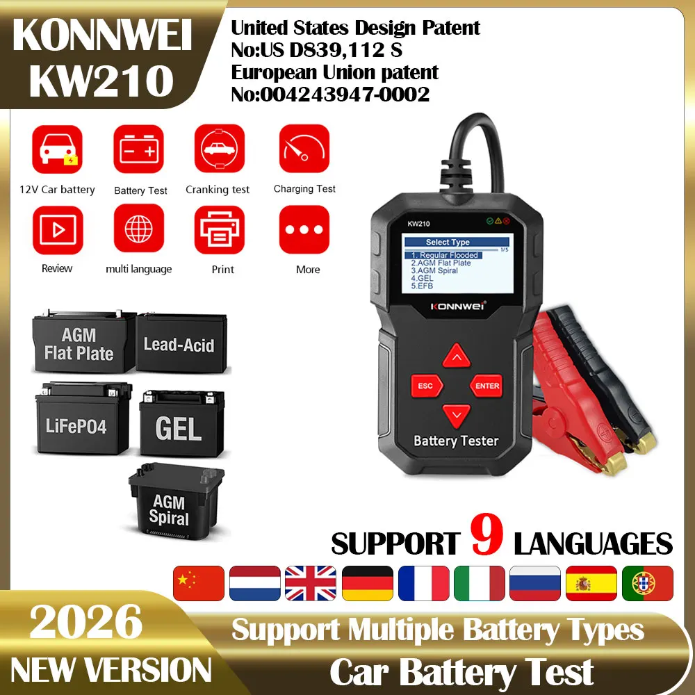

2026 New Konnwei KW210 Automatic Smart 12V Car Battery Tester 100-2000 CCA Car Battery Analyzer Auto Repair Tool Regualr Flooded