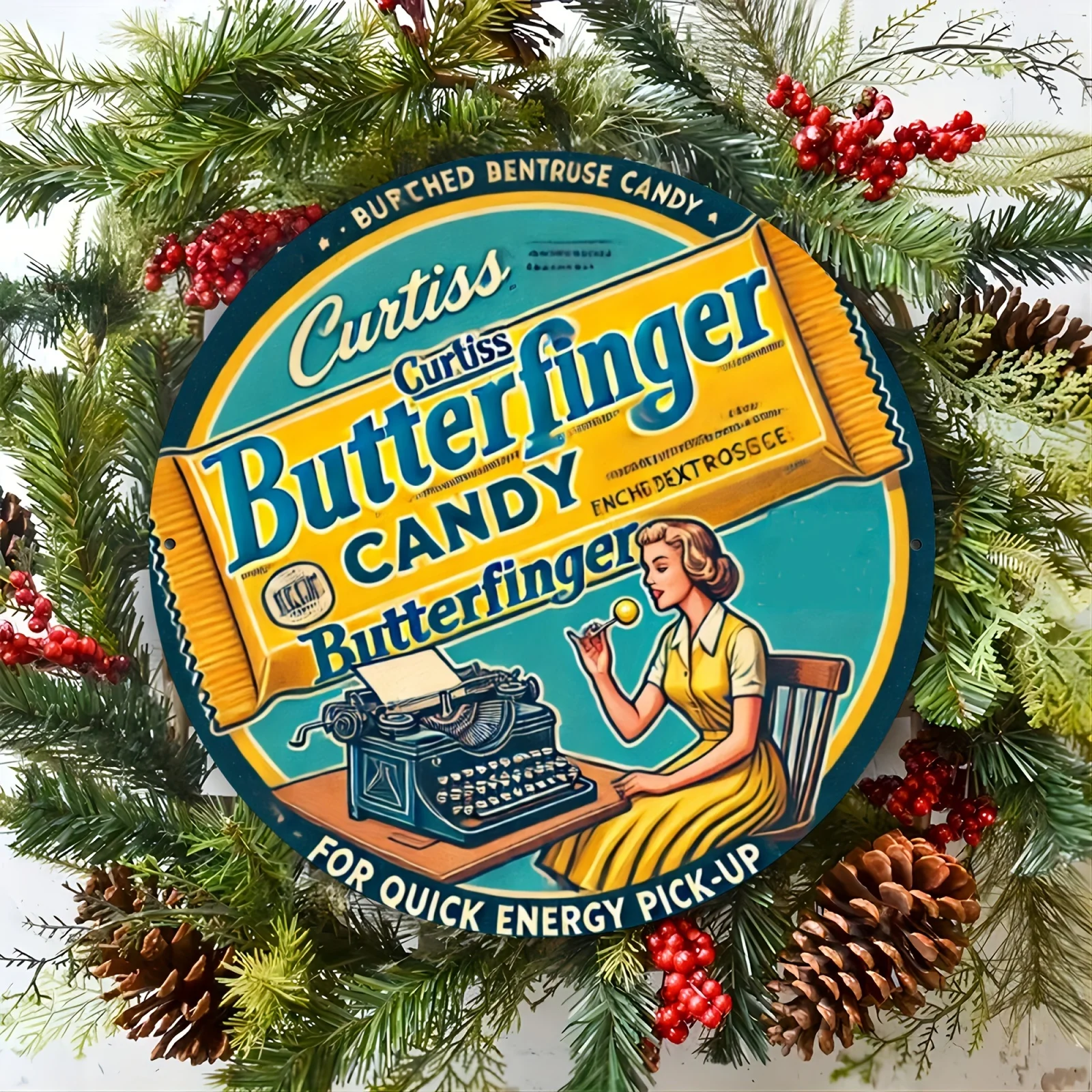 2D Flat, Vintage Butterfinger Candy Metallschild – 20,3 x 20,3 cm runde Aluminium-Wandkunst mit Retro-Werbedesign, blaugrüner Hintergrund