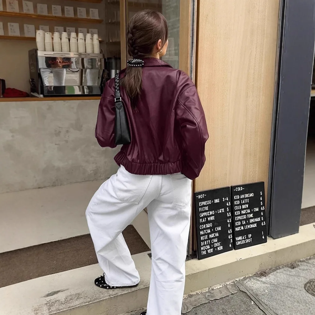 2025 New Lapel PU Leather Jacket Women's Autumn and Winter Short Loose American Retro Motorcycle Jacket