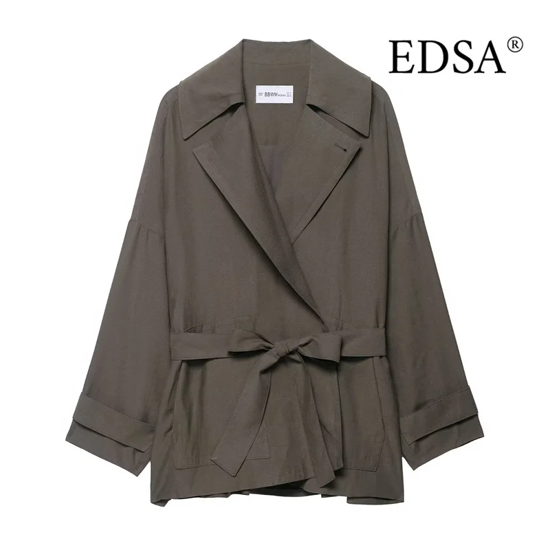 

EDSA Женская коричневая куртка-пальто с поясом и длинными рукавами, прямой подол для офисной женской верхней одежды