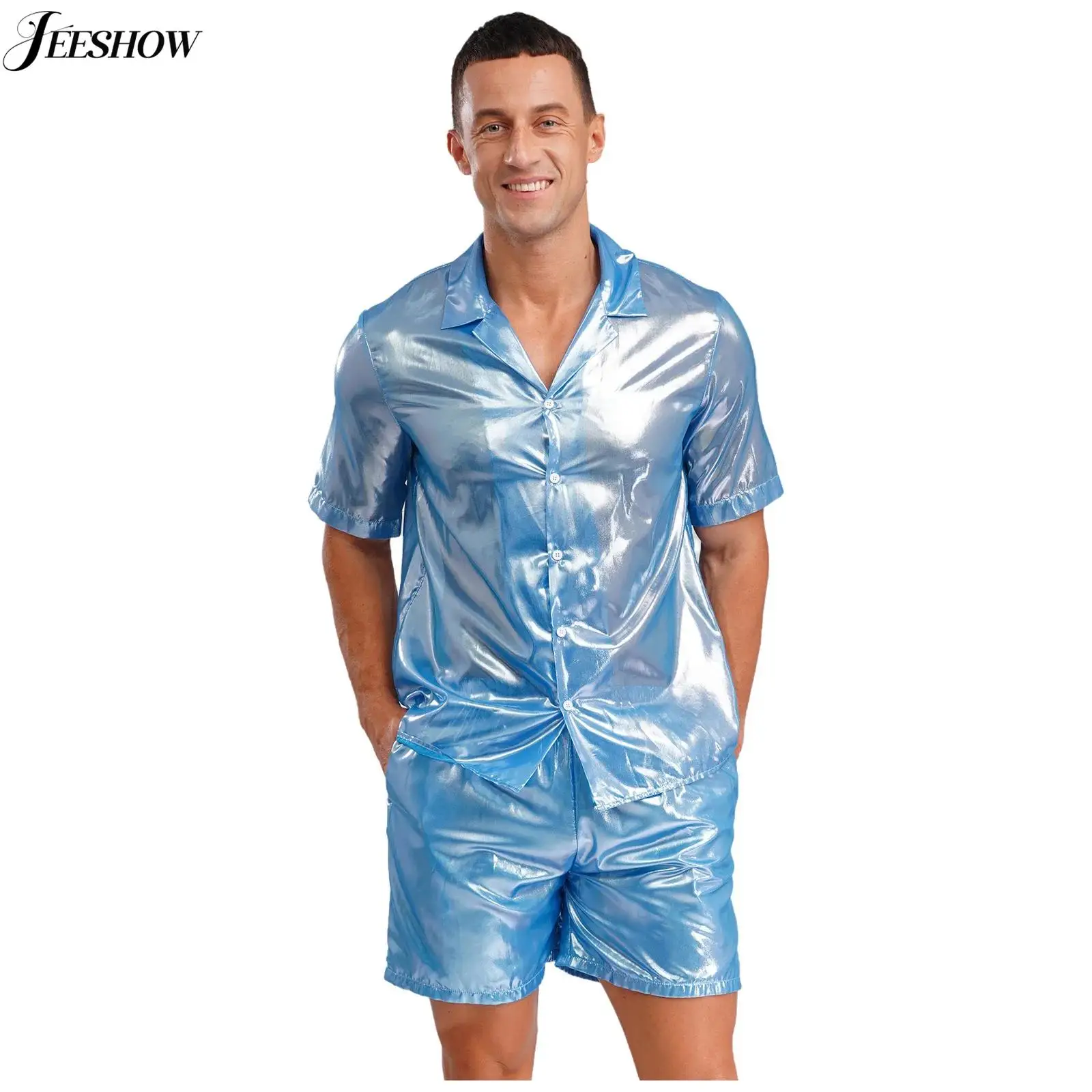 

Mens Water-ripple 2 Piece Outfits Shiny See Through Lapel V Neck Short Sleeve Button Up Shirt Top with Board Shorts Beachwear