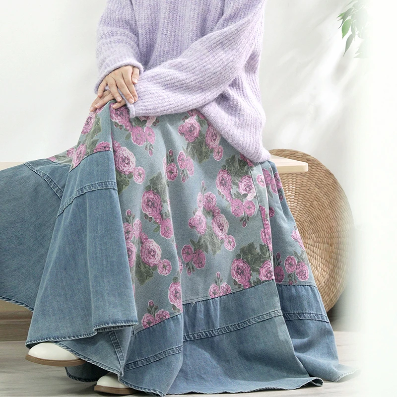 25 New Arrival Women All-matched Casual High Waist Floral Print A-line Skirt High-quality Cotton Denim Ankle-length Skirts Y190
