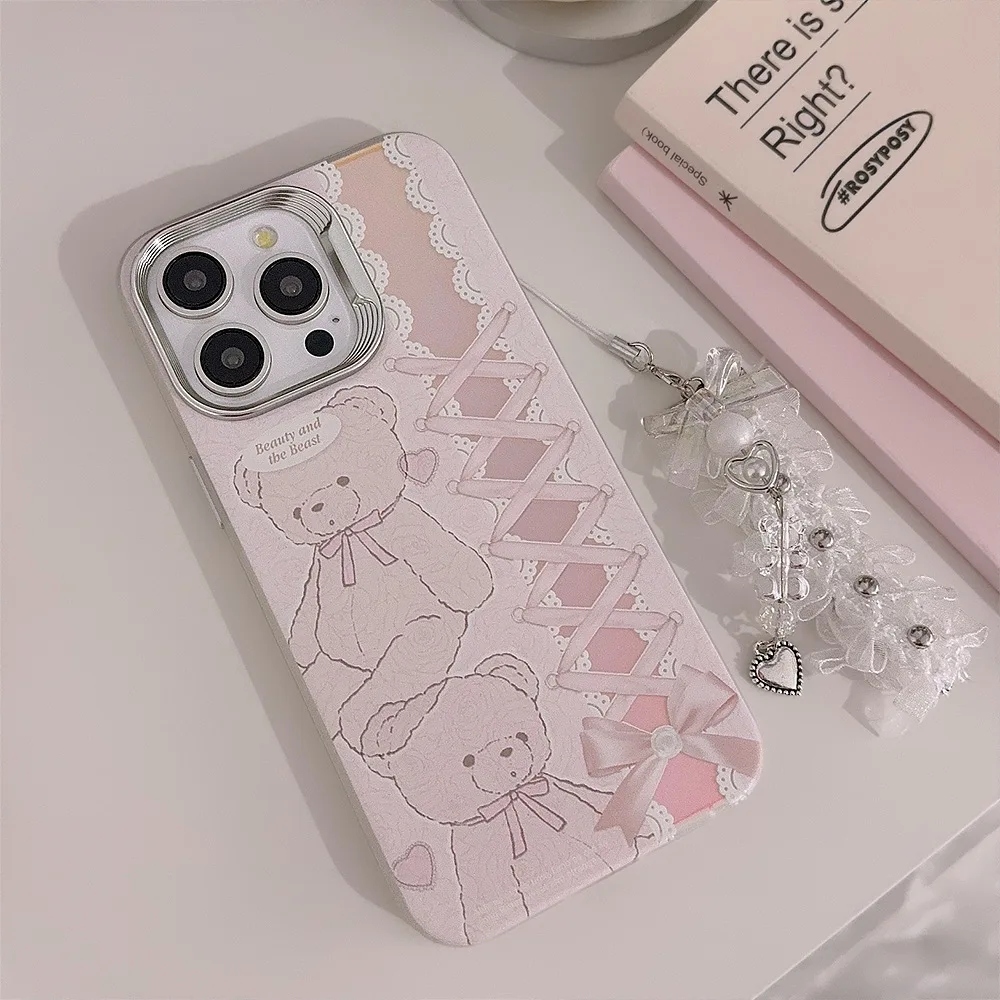 Koreanische Laser Pink Cute Bear Bowknot Handyhülle mit Trageband für iPhone 16 15 14 13 12 Pro Max, stoßfeste Schutzhülle auf der Rückseite