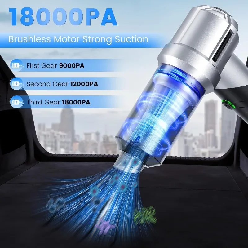 Aspiradora de coche inalámbrica de 18000Pa, soplador de aire 4 en 1, herramienta para hendiduras, Motor sin escobillas 90 °   Mango plegable recargable para PC Home Auto