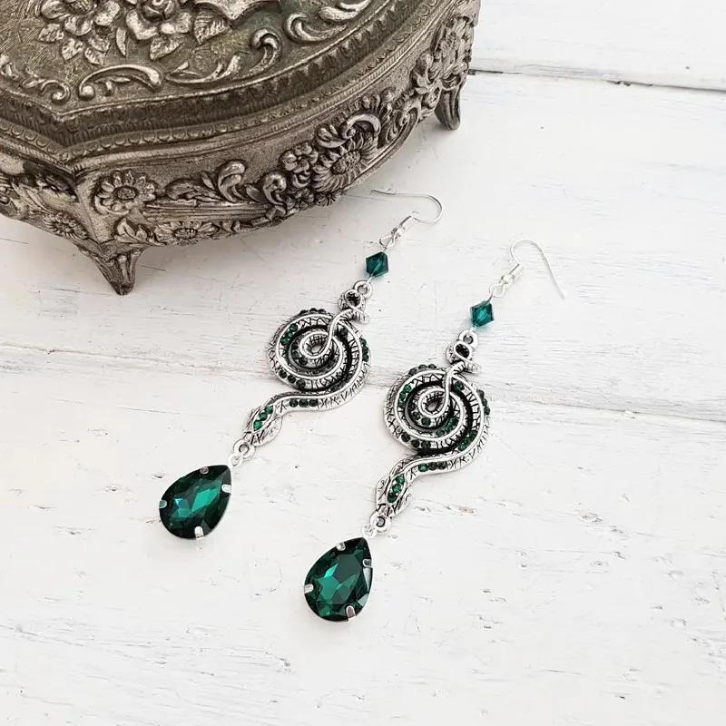 Gothic Silver Tone Snake created Emerald Drop Earrings Serpent Witch Pagan Alternative Statement Punk Crappy Jewelry Women Gift