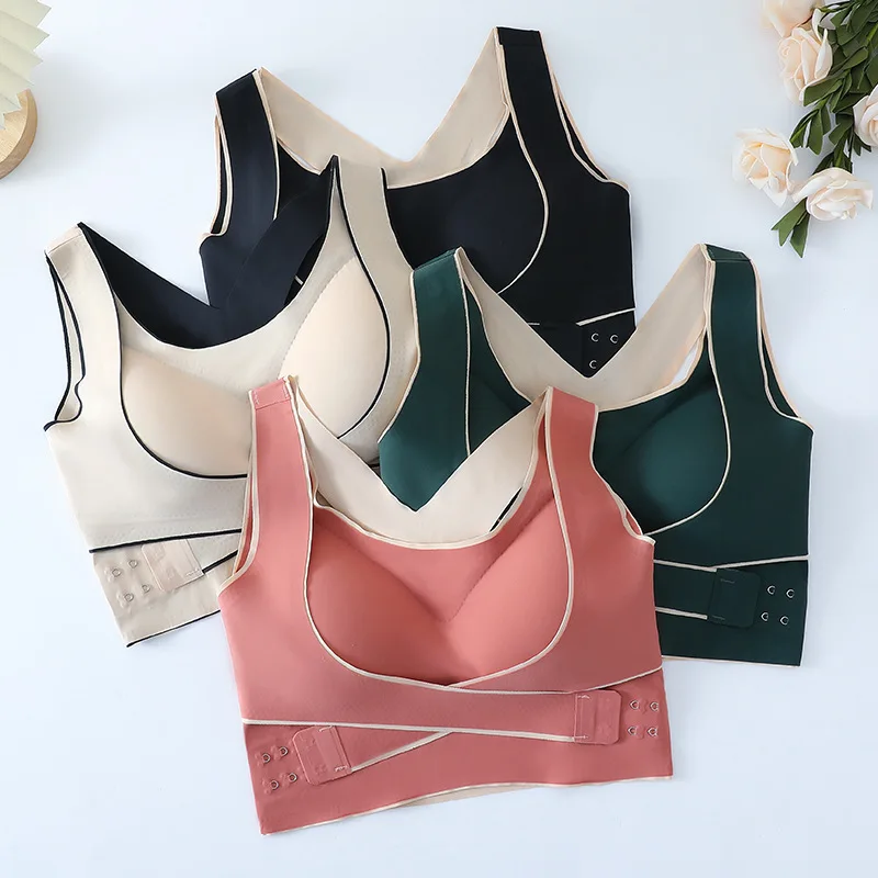 

Women's seamless underwear with front buckle, cross movement correction, beautiful back, gathered and gathered breasts, no steel