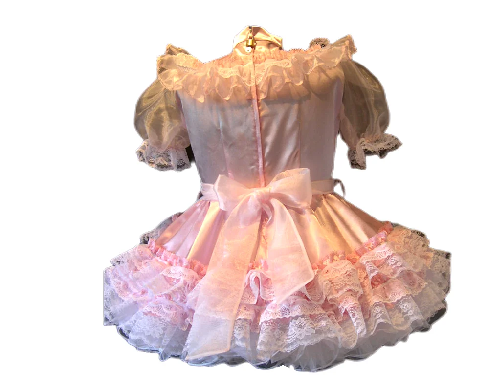 Adult sexy cross-dressing girl pink satin lace dress lockable uniform apron sissy dress Cd/Tv custom multiple