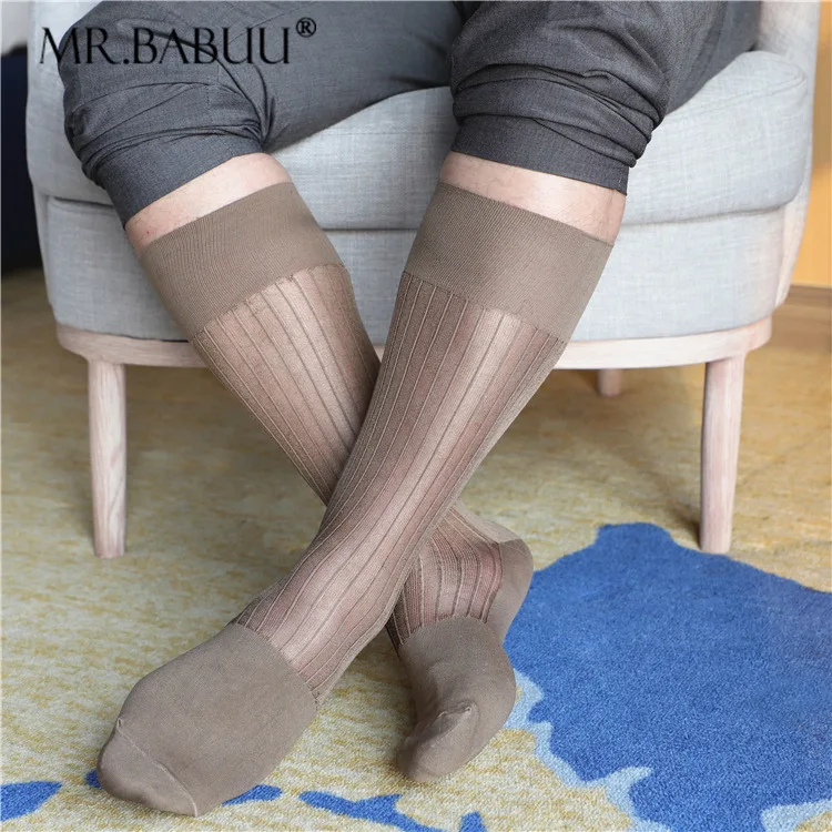 Men's Business Formal Dress Socks Retro Vintage Wave Striped Sheer Stockings Middle High Tube Breathable Nylon Socks for Men