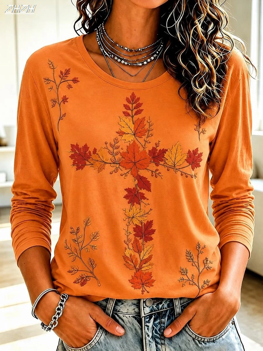Women's T Shirt Print Graphic Plants Fashion Classic Casual Long Sleeve Crew Neck Regular Tops Casual Daily Weekend