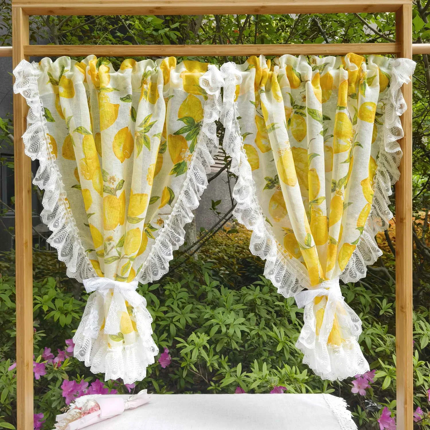 Rustic Lemon Fruit Print Short Curtains Tiers Ruffled Lace Sheers for Girls Room Kitchen Cafe Half Window Drapes