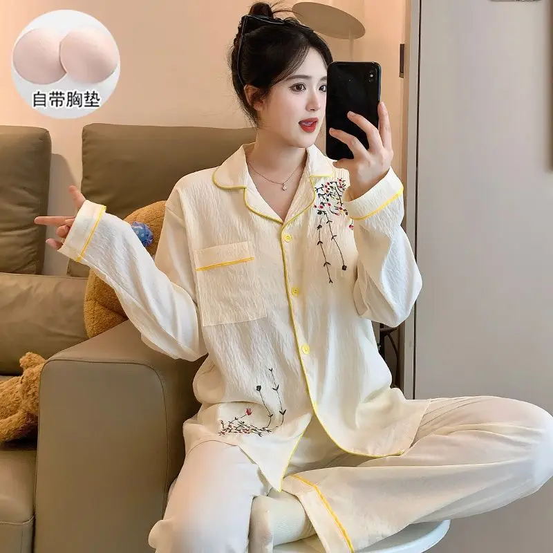 Pjs مجموعة بيجامة نسائية مجموعة بيجامة شتوية دافئة ملابس منزلية عصرية ، بيجامة مطرزة سترة لطيف لينة بيجامة مجموعة