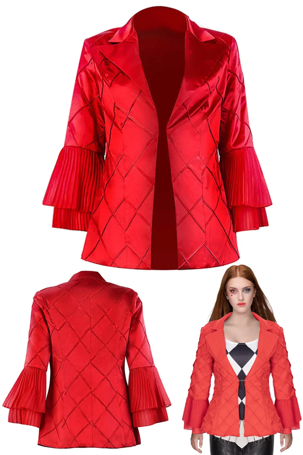 Quinzel Cosplay Red Coat Costume Women Clown Joker Roleplay Tops Outfits Female Adult Girls Halloween Party Carnival Suits