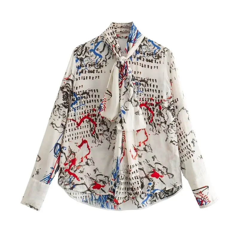 Spring New Arrival Loose Women's irt Casual Printed  Knot Top French Sle Long Sve Straight Cut Ladies Blouse