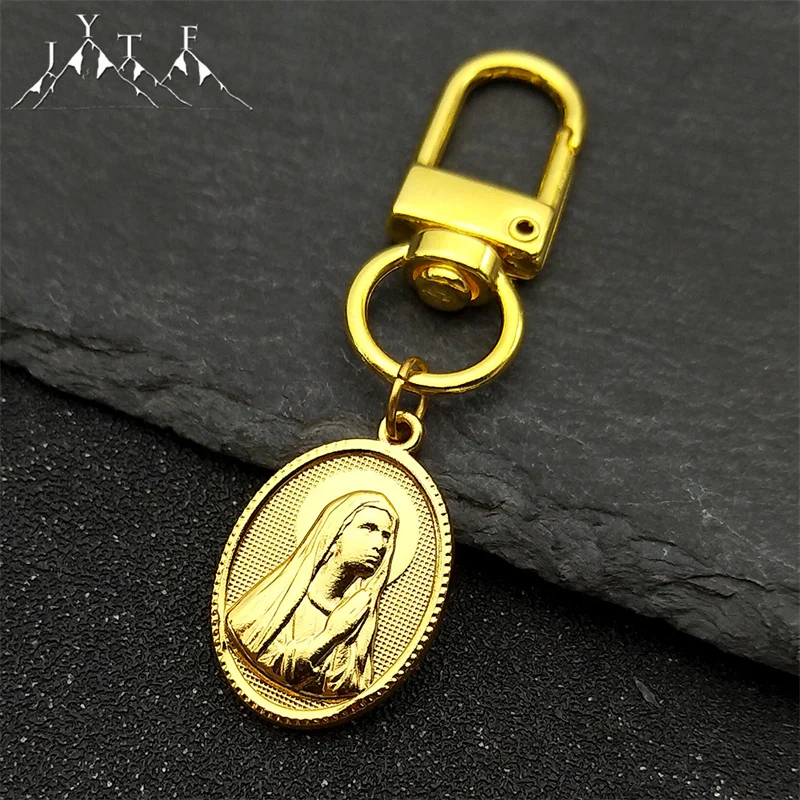 

Catholic Virgin Mary Baby Love Heart Medal Key Chains for Women Men Gold Color Stainless Steel Key Ring Prayer Amulet Jewelry