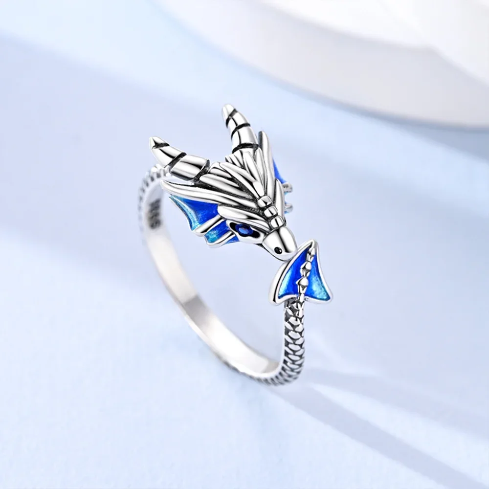 Animal Rings 925 Silver Retro Balloon Dog Zircon Bone Dragon Feather Open Ring for Women Birthday Anniversary Jewelry Fine Gift