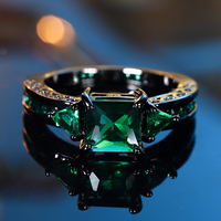 Cute Female Green Square Zircon Stone Ring Vintage Fashion Black Gold Color Wedding Jewelry For Women