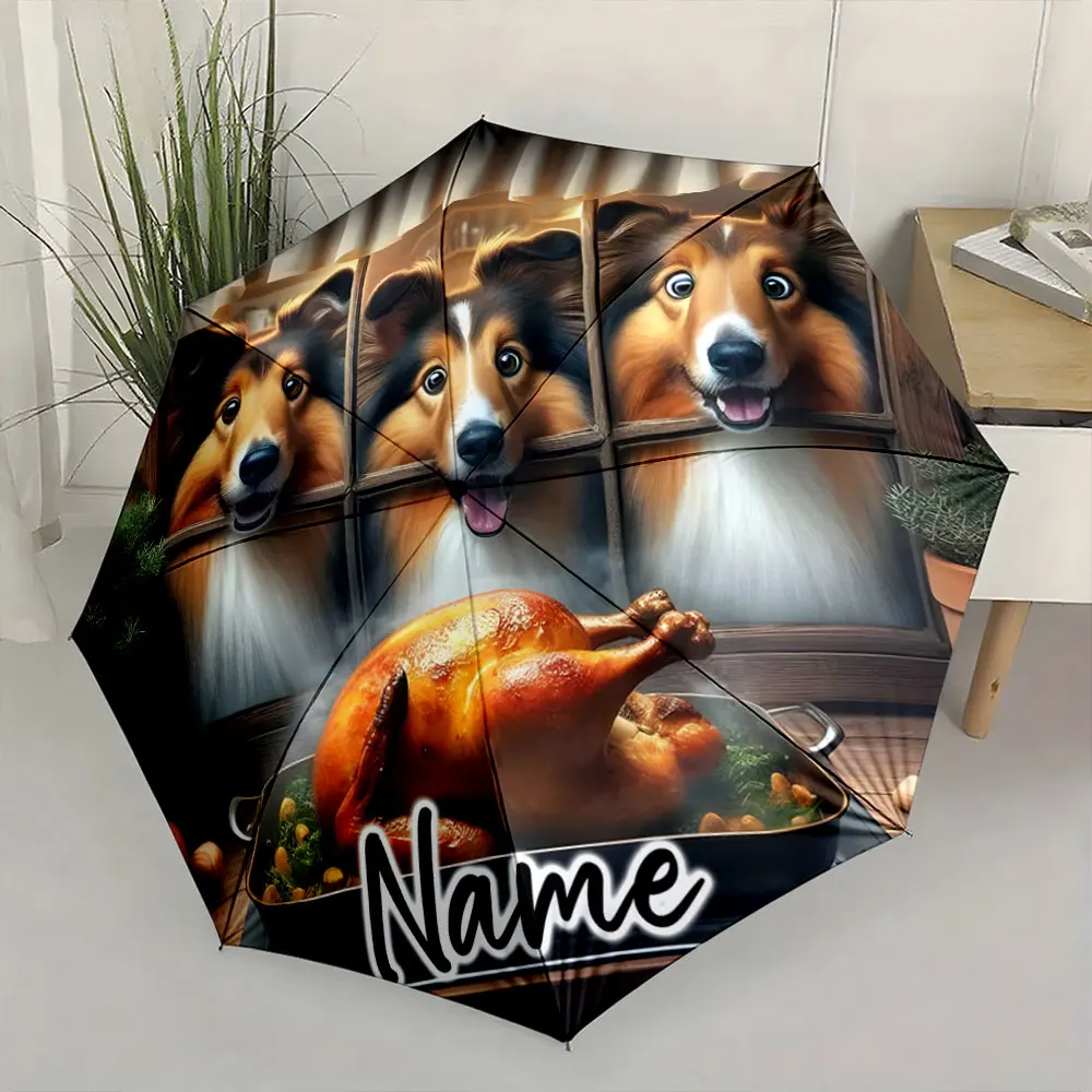 Custom Name Adorable Dogs Captivated by a Delicious Roasted Turkey 8 Iron Ribs Folding Umbrella Auto-Open Fashion Sunshade