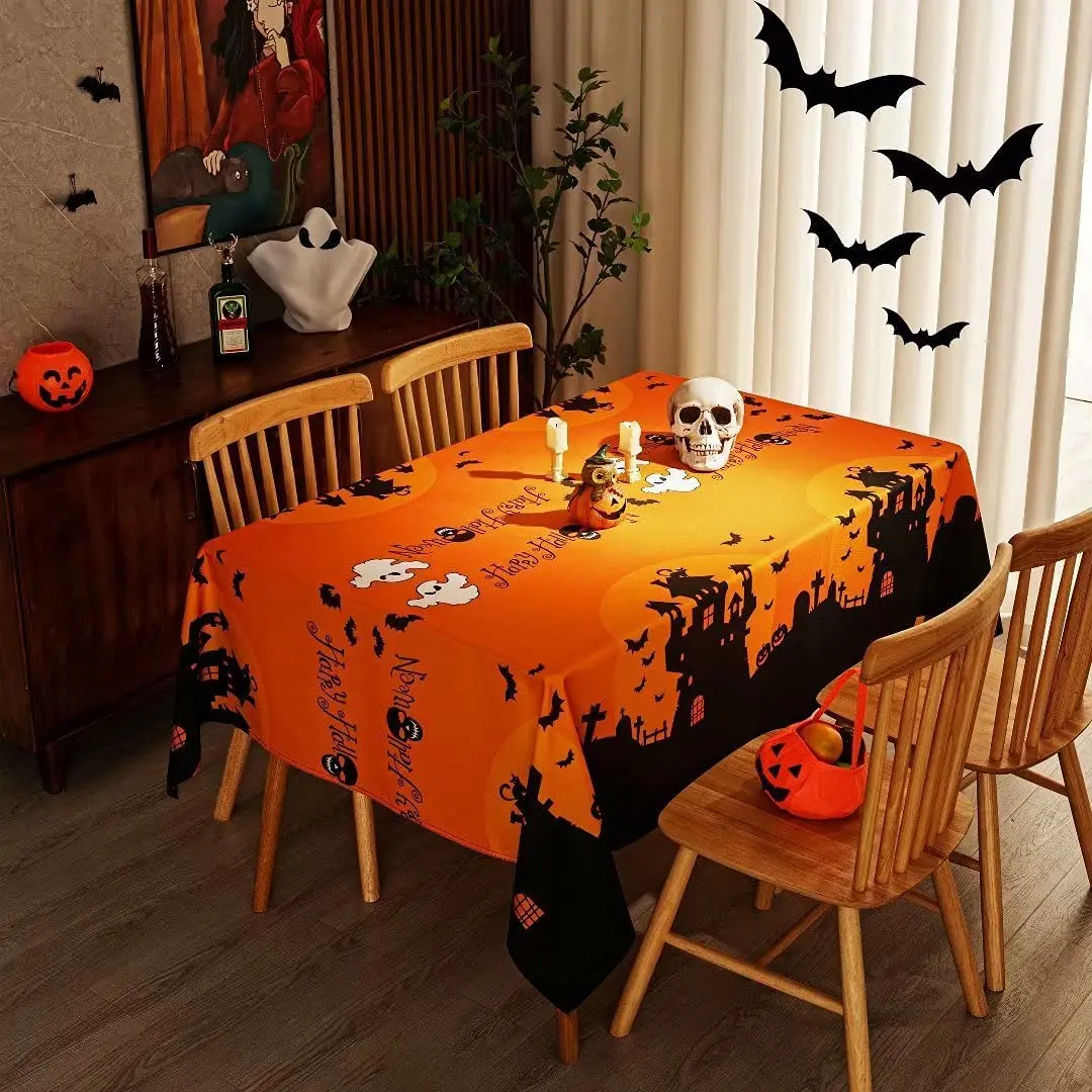 

Happy Halloween Skull Castle Themed Rectangle Tablecloth Holiday Party Decor Reusable Waterproof Tablecloth Kitchen Table Decor