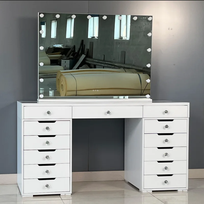 Wholesale Glass Top Dressing Table with LED Lighted Mirror and Power Socket Makeup Vanity Table with Drawer Entry Dressing Table