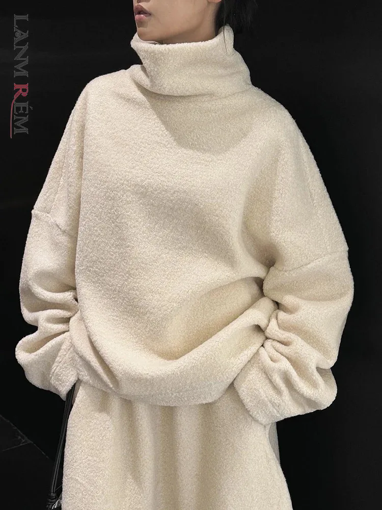 

[LANMREM] Lamb Wool Pullover Sweatshirt For Women Turtleneck Long Sleeve Thick Warm Loose Tops Fashion 2024 Winter New 26C1412