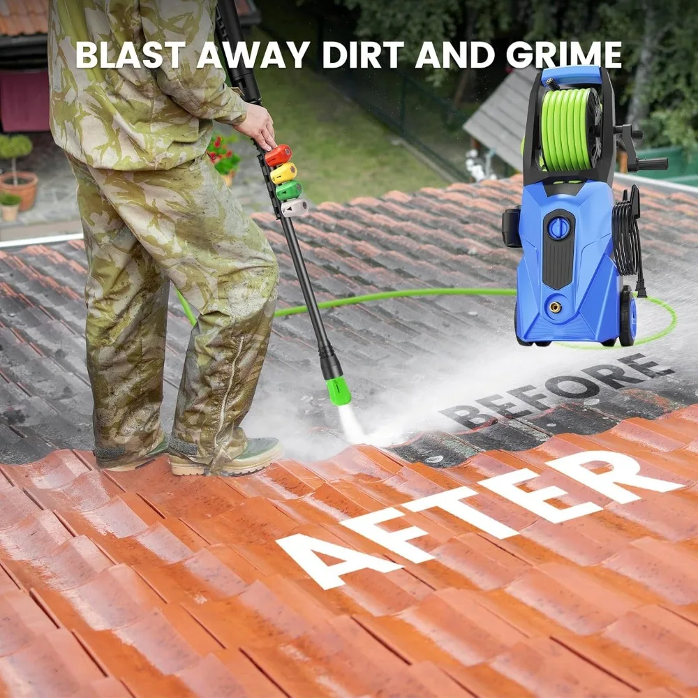 고압 세척기 5000 PSI 2.8 GPM 전기식 파워 워셔 33피트 압력 호스 M22-14mm, 4개의 노즐 및 폼 캔 포함